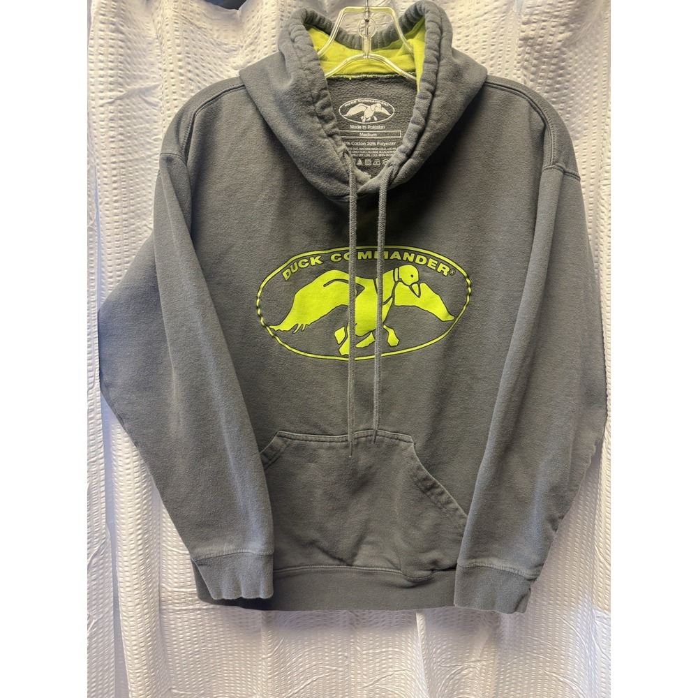 Duck Commander Hoodie Mens‎ size Medium Grey Green big neon green logo fleece